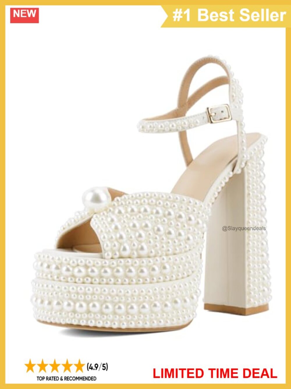 Women's Pearl Platform Heeled Sandals Peep Toe Ankle Strap Chunky Block Heel